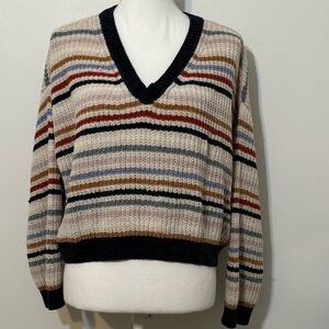 American Eagle Striped Chenille V-Neck Cropped Sweater Oversized Knit Size Small